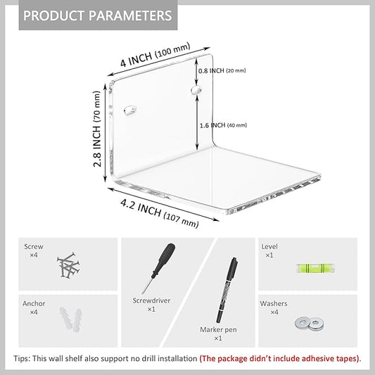 4 Inches Clear Small Wall Shelves, 4mm Thickness Acrylic Small Floating Shelf for Figures, Plants, Security Cameras, Speakers, Moisture-Proof, 2 Pack