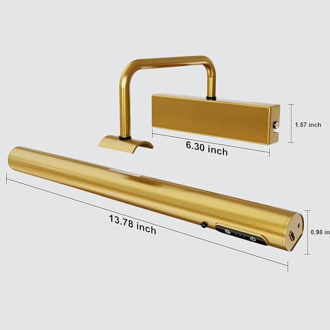 Picture Lights Wall Battery Operated, 14" 6000mAh Rechargeable Display Light with Remote/Rotatable/Dimmable/3CCT Magnetic Wireless Lamp for Painting/Gallery/Artwork/Portraits/Phote/Frame/Poster(Brass)