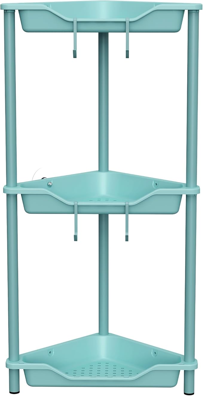 Orimade Rustproof 3 Tier Floor Standing Corner Shower Caddy Organizer, Plastic Metal Splicing Floor Corner Shelf Rack Stands for Bathroom, Blue