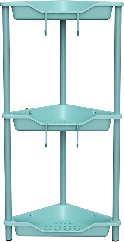 Orimade Rustproof 3 Tier Floor Standing Corner Shower Caddy Organizer, Plastic Metal Splicing Floor Corner Shelf Rack Stands for Bathroom, Blue