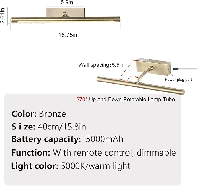 Picture Light for Wall Battery Operated, 16" Rechargeable Art Light with Remote and Timer for Painting, 3 Color Temps, Wireless Wall Light for Display, Artwork, Portrait, Gallery, Gold