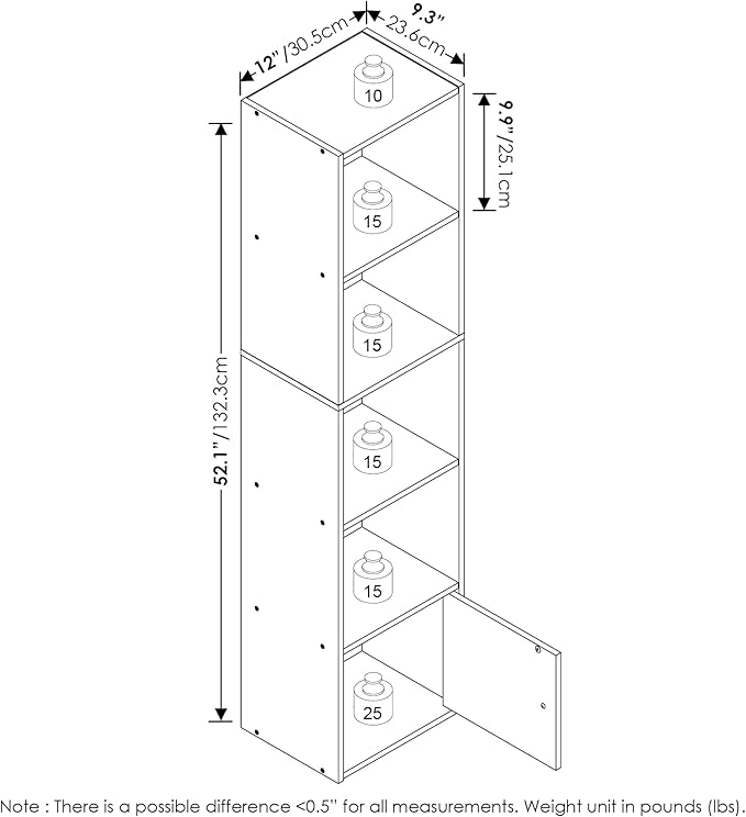 Furinno LUDER Book Shelf, 5-Tier Modern Bookshelf, Bookcase with 1 Door Storage Cabinet, 9.3 x 12 x 52, for Living Room, Bedroom, Home Office, French Oak
