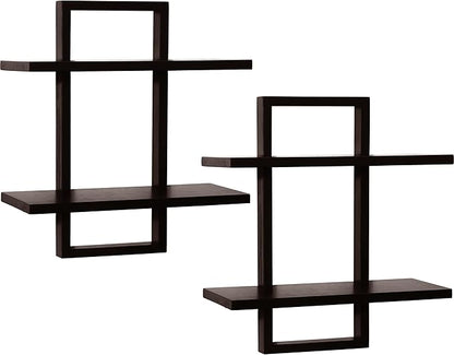 PHOENANCEE Floating Shelves for Wall,Display Hanging Shelf Set of 2,Modern Decorative Plants Shelves,Wood Home Decor Storage Chic for Living Room Bedroom Bathroom Office,Oak Frame,2-Tier (Walnut