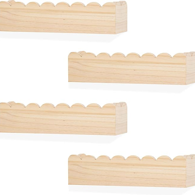 Wood Floating Shelves for Wall,Nursery Bookshelf,Kids Book Shelf,Baby Toys Storage Decor Organizer Wall Mounted for Living Room Bedroom,Wavy Edge,Preassembled,4 Pack,Scalloped Pine(Natural Wood)