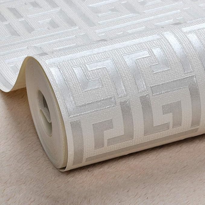 17.7"x236.0"Greek Key Peel and Stick Wallpaper Modern Classic Geometric Trellis Self Adhesive Wallpaper Silver/White Textured Vinyl Contact Paper Washable