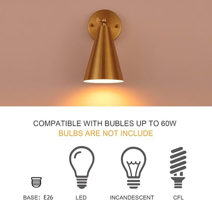 MWZ Gold Sconces Set of 2, Modern Brass Wall Sconces Lighting Fixtures with Metal Shade, Indoor Decor Wall Mount Swing Arm Lamp for Bedroom,Bedside,Kitchen,Hallway,Living Room,Reading,Bar