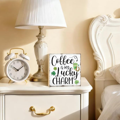 Coffee Is My Lucky Charm Wood Block Plaque Box Sign for Home Living Room Coffee House Bar Shelf Table Office Decoration, St. Patrick's Day Decor Gifts for Men Women Friend Family