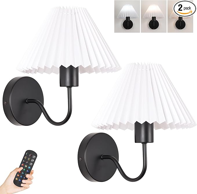 Rechargeable Battery Operated Wall Sconces Set of 2,Black Wall Lights with Remote,Dimmable Wall Lamp with Pleated Shades,15 Colors Wireless Bathroom Vanity Wall Light for Bedroom Living Room Hallway