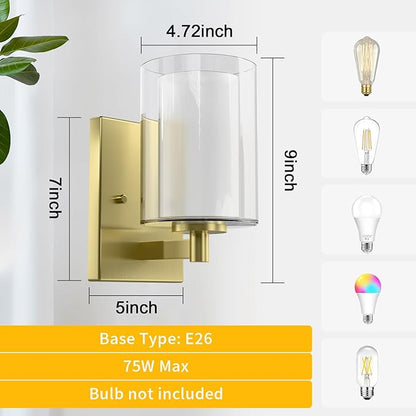 Kalium Wall Sconces Set of Two for Bathroom Bedroom Living Room Hallway Indoor Stairwell & Mirror, Farmhouse Modern Vanity Light Fixtures with Double Glass Shade & Gold Rustproof Metal Base, E26