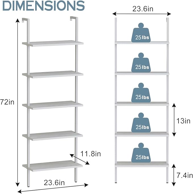 aboxoo Ladder Shelf White Wooden Bookshelf 5-Tier Wall-Mounted Open Wood Rack Industrial Modern Plant Flower Stand Utility Organizer Bookcase Metal Frame Furniture Office Kitchen Bedroom