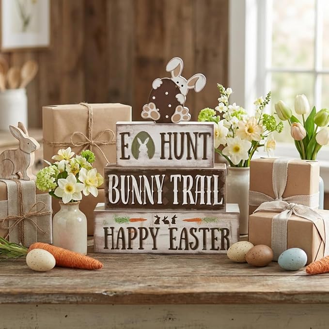 Easter Decorations, 4 Pcs Wooden Easter Table Decorations, Rustic Bunny Tiered Tray Decor, Wooden Table Sign for Desk Shelf Mantel Coffee Bar, Indoor Home Decor