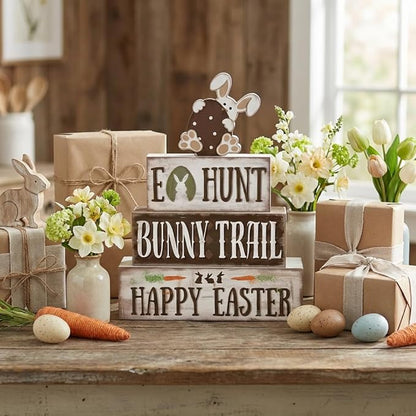Easter Decorations, 4 Pcs Wooden Easter Table Decorations, Rustic Bunny Tiered Tray Decor, Wooden Table Sign for Desk Shelf Mantel Coffee Bar, Indoor Home Decor