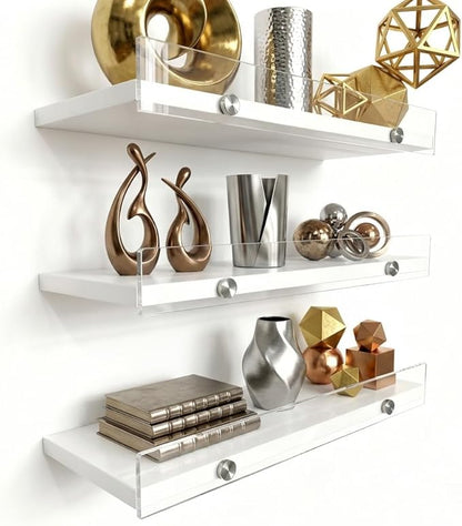 Floating Shelves with Acrylic Front Lip，15.7 IN Wall Shelves for Decor Storage Set of 3， Wall Mounted Wood Shelf for Bedroom, Living Room, Bathroom, Kitchen, Picture Shelf, White
