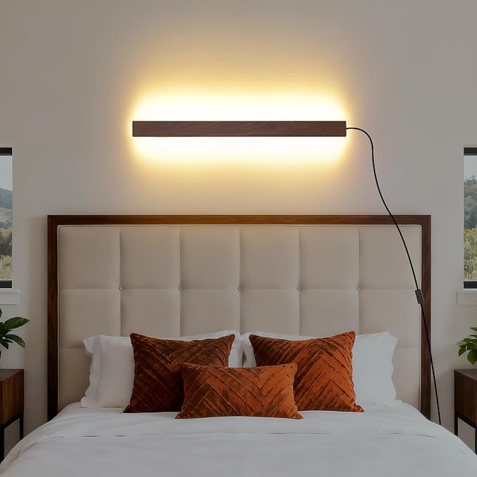 Farmhouse Plug in Wall Sconces, 23.6 inch Faux Walnut Finish LED Long Wall Lights, 12W Warm White 3000K Acrylic Indoor Wall lamp,with 59