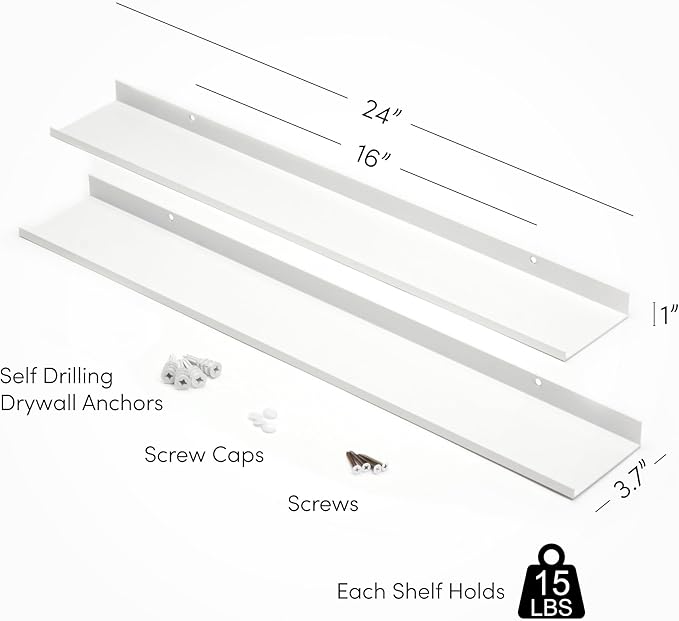 Metal Picture Ledge, Wall Mounted Floating Shelf - 24" White (Set of 2)