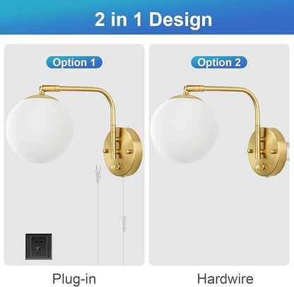 Wall Sconces Plug in, Dimmable Swing Arm Wall Lights with Plug in Cord and Dimmer On/Off Knob Switch, Dimmable Wall Light with Milky White Glass Globe Shade(1 Bulb Included)