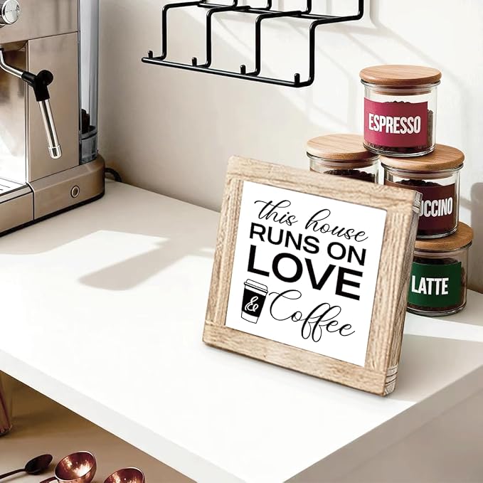 Coffee Wood Decor This House Runs On Love And Coffee Handmade Wooden Coffees Sign Rustic Kitchen Wall Art Perfect For Home Office Kitchen Bar Decor Square Ideal Gift For Coffees Lover 5.9x5.9 Inch
