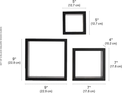 MELANNCO Floating Wall Square Cube Shelves for Bedroom, Living Room, Bathroom, Kitchen - Wood, Set of 3, Black