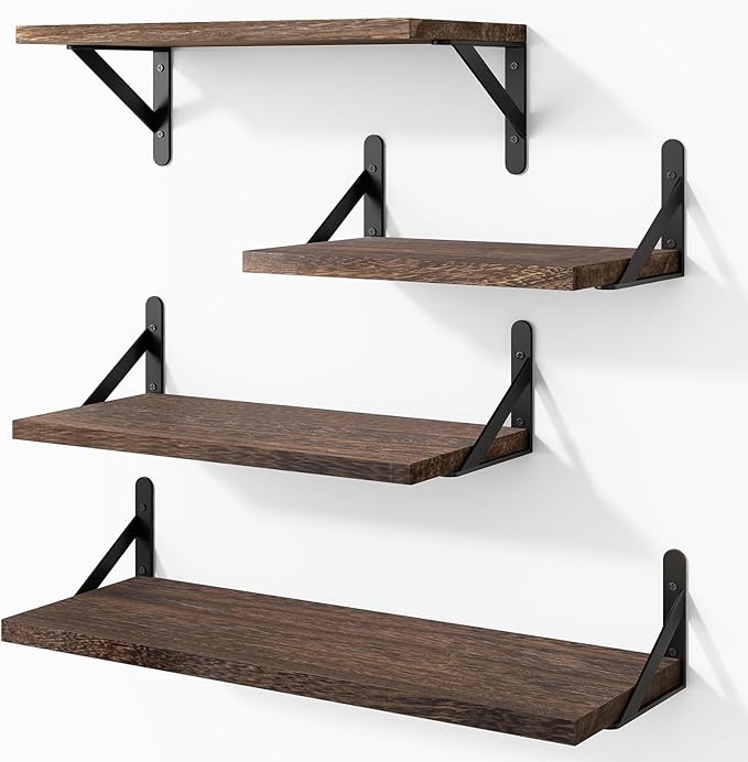 YGEOMER Floating Shelves for Wall, Different Sizes Dark Carbonized Brown Wall Shelves for Living Room, Bathroom, Bedroom, Kitchen, Home Decor (Set of 4)