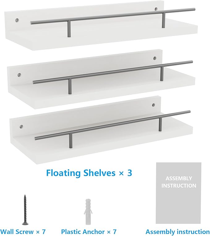 Floating Shelves with Metal Guardrail, Wall Decor Shelves for Bathroom, Living Room and Bedroom, (Black-White) Shelves for Home Decor