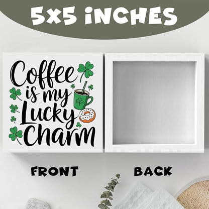 St Patricks Day Decor Coffee Is My Lucky Charm Rustic Coffee Bar Wood Sign Home Tabletop Shelf Desk Decor Patrick's Day Decorations 5 X 5 Inches
