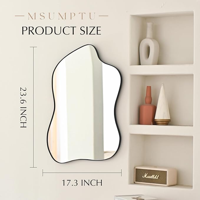 Irregular Wall Mirror Black Wave Shaped Metal Framed Wall Mirror for Bathroom Bedroom Entryway Living Room Wall Decor 24