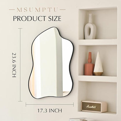 Irregular Wall Mirror Black Wave Shaped Metal Framed Wall Mirror for Bathroom Bedroom Entryway Living Room Wall Decor 24" L x 18" W 2305B