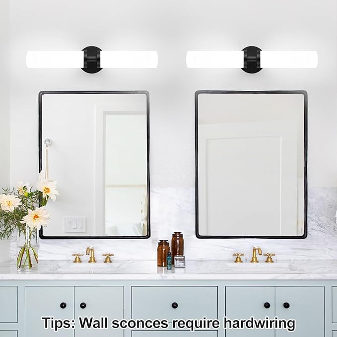 Wall Sconces Set of Two, Matte Black Bathroom Sconces Wall Lighting with Milky White Glass, Modern Sconces Wall Decor Set of 2 Bathroom Light Fixtures for Mirror Living Room Hallway Bedroom