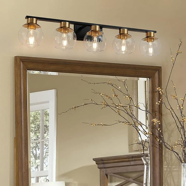 PAZALA Black Gold Bathroom Light Fixtures Over Mirror 5-Lights Vanity Light Wall Sconce with Globe Glass Shade, E26 Base, Perfect for Hallway Picture Wall Lighting Bathroom Bedroom Mirror Living Room