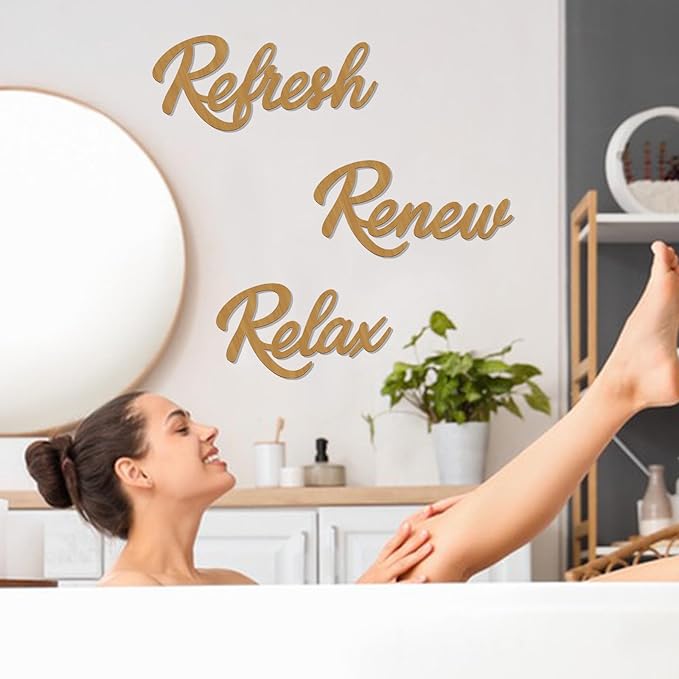 3 Pieces Bathroom Decor Rustic Bathroom Wall Art Wooden Bathroom Sign,Relax Renew Refresh Sign (Brown large)