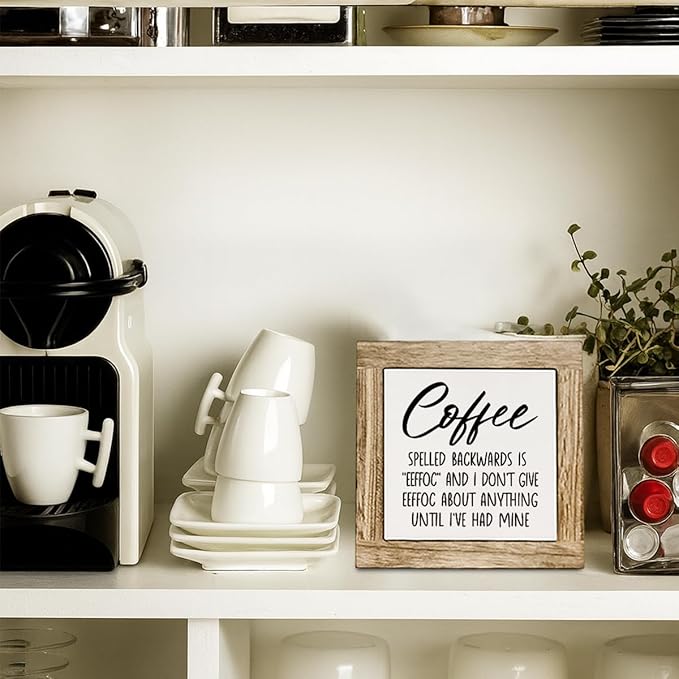 Humor Coffee Bar Decor, Funny Coffee Spelled Backwards Decor Sign, Cafe Wooden Box Sign Kitchen Home Decoration, Inspirational Office Desk Signs 5.9X5.9 Inches
