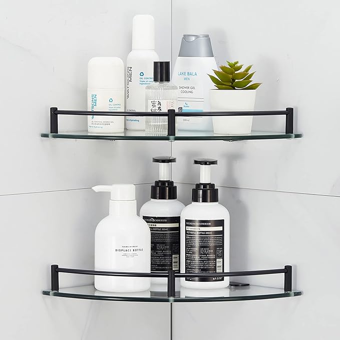 Glass Corner Shower Caddy, Rustproof Corner Shelves Wall Mounted, Clear Bathroom Shower Shelf with 6MM Thick Tempered Glass, Shower Organzier with Black Rail for Bathroom (1 Pcs)