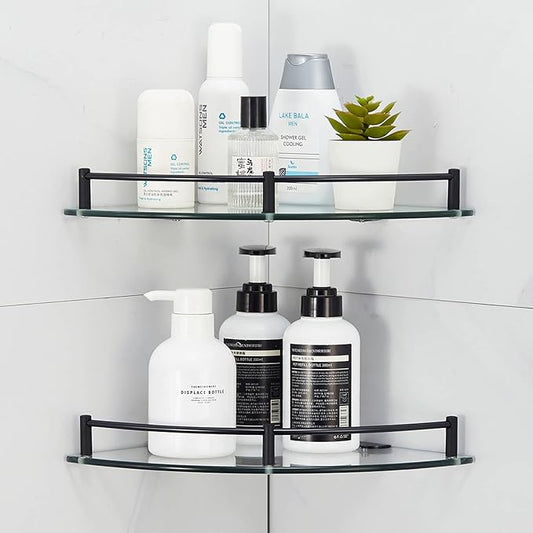 Glass Corner Shower Caddy, Rustproof Corner Shelves Wall Mounted, Clear Bathroom Shower Shelf with 6MM Thick Tempered Glass, Shower Organzier with Black Rail for Bathroom (1 Pcs)