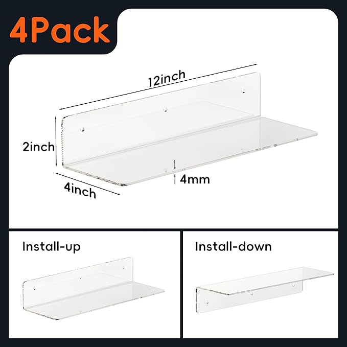 HANGE 4-Pack Clear Acrylic Floating Shelves, 12