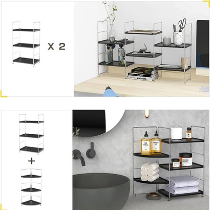 3-Tier Bathroom Countertop Organizer -Makeup Organizer -Corner Storage Shelf- Kitchen Spice Rack Standing Shelf-Great for Vanity, Bathroom, Bedroom, Kitchen (Silver&Black)