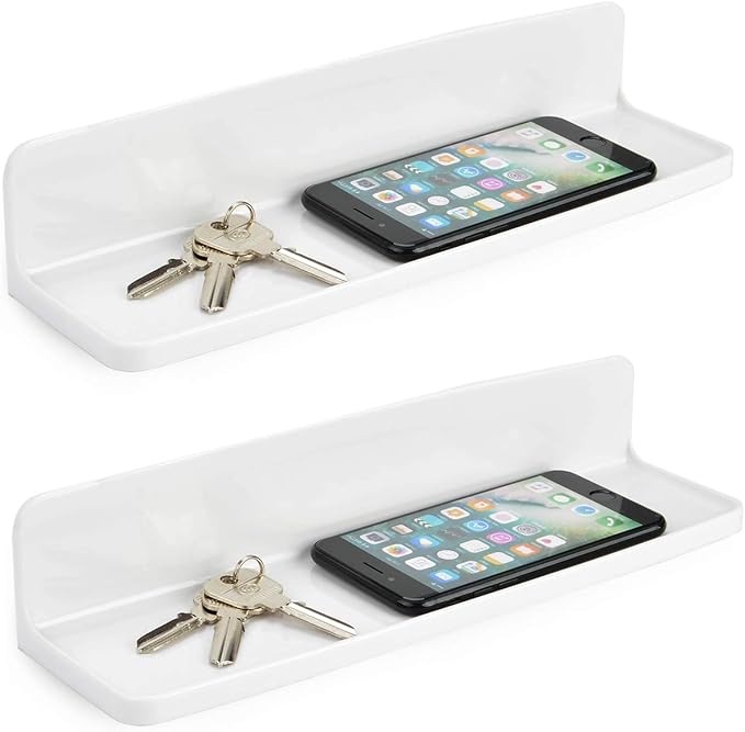 Stick On Small Wall Shelf,White Floating Shelves Wall Mounted - Adhesive Strips | Plastic Hanging Display Shelf for Bedroom,Kitchen,Living Room,Bathroom,Office (2Pcs/Set)