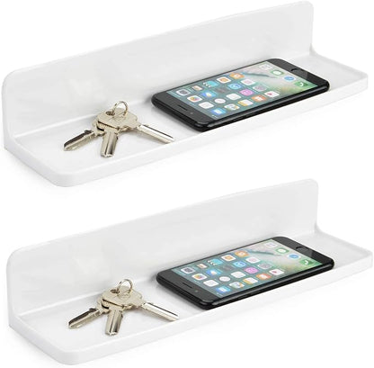 Stick On Small Wall Shelf,White Floating Shelves Wall Mounted - Adhesive Strips | Plastic Hanging Display Shelf for Bedroom,Kitchen,Living Room,Bathroom,Office (2Pcs/Set)