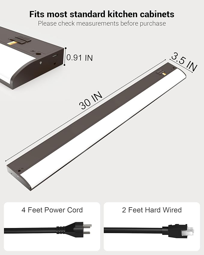 30 Inch LED Under Cabinet Light, Plug in Kitchen Lighting, 3CCT Selectable (3000K/4000K/5000K), CRI94 High Color Accuracy, Linkable, Slim Design Dimmable, Brown