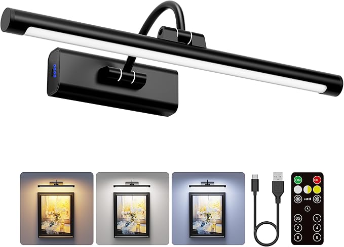16" Picture Light with 6000mAh Battery - Black Operated Wireless Wall Sconce with Remote & Timer for Paintings, Photos & Frames