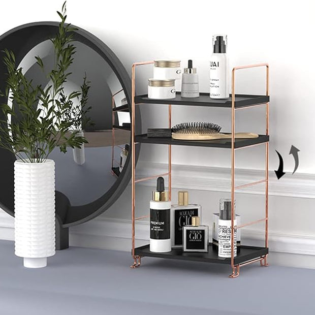 Plastic/Metal Freestanding Stackable Organizer Shelf,Bathroom Countertop Storage Shelf Cosmetic Organizer Holder Kitchen Spice Rack,3-Tier Standing Rack (Rose Gold@Black)