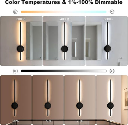 Rechargeable Wall Sconce Lights with Remote, Battery Operated Wall Lights 3 Color Temperature, Dimmable Wireless Wall Lamp Black 70CM for Living Room Bedroom Hallway 2 Pack