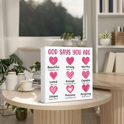 Valentines Day Decor - Valentines Decor - Christian Desk Sign - God Says You Are Loved Bible Verse Wood Sign Home Living Room Bedroom Desk Shelf Table Tabletop Decorations 5×5 Inches