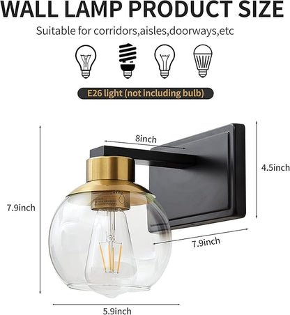 Bathroom Sconces Set of 2, Black and Gold Wall Sconces Set of Two, Bathroom Vanity Light with Clear Glass Shade, Modern Wall Light Fixtures for Bath Mirror Hallway Bedroom Living Room, Hardwired