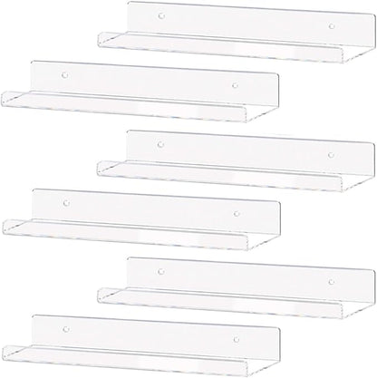 Weiai Clear Acrylic Shelf 15" Invisible Floating Wall Ledge Bookshelf, Kids Book Display Shelves Wall Mounted (15 Inch 6Pack)