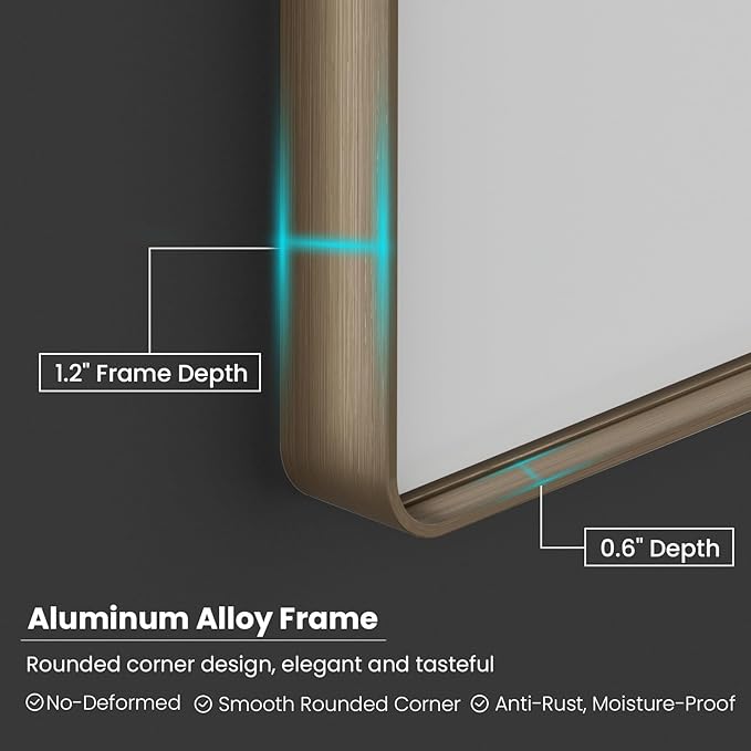 Bronze Bathroom Mirror 55x36 Inch, Brushed Bronze Metal Frame Mirror for Wall, Rounded Rectangle Bathroom Vanity Mirror with Tempered Glass, Anti-Rust, Horizontal/Vertical