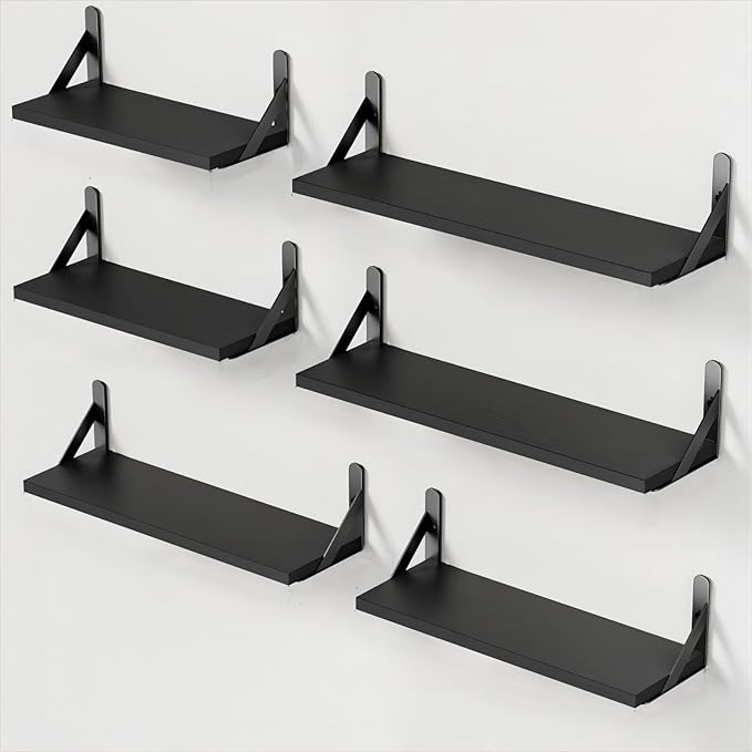 AMADA HOMEFURNISHING Wall Shelves Set of 6, Wood Floating Shelves for Decor, Rustic Farmhouse for Bedroom, Bathroom Storage, Book Shelves for Living Room, Black