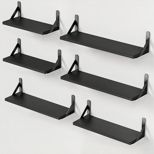 AMADA HOMEFURNISHING Wall Shelves Set of 6, Wood Floating Shelves for Decor, Rustic Farmhouse for Bedroom, Bathroom Storage, Book Shelves for Living Room, Black