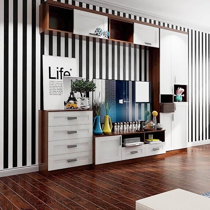 Black and White Striped Peel and Stick Wallpaper Self-Adhesive Removable Waterproof Wallpaper Wall Covering Cabinets Shelves Decorative A Set of 17.3