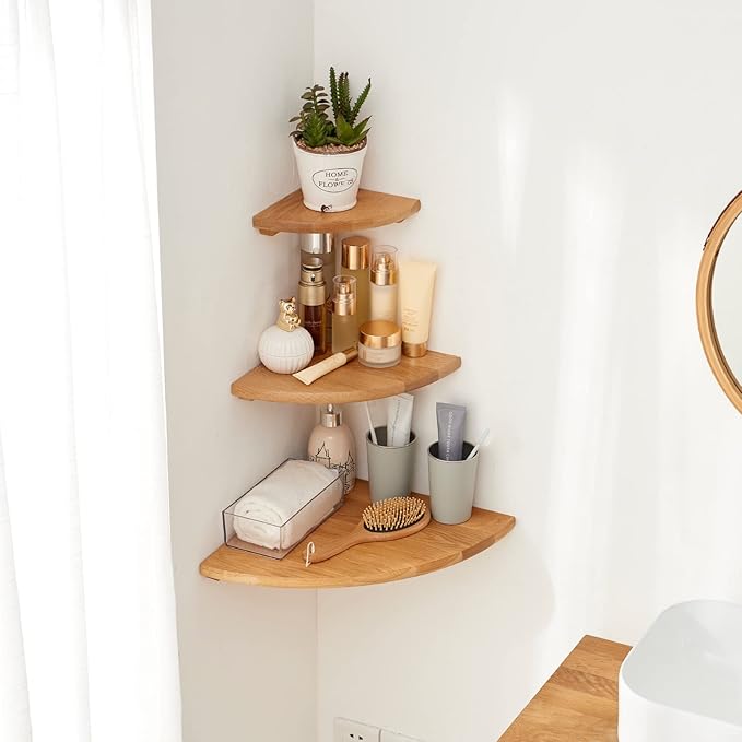 Oak Corner Shelf 9 inches Natural Wood Floating Corner Shelves Round End Wall Mounted Display Shelf Corner Plant Stand for Bathroom Kitchen Bedroom Livingroom Floating Shelves