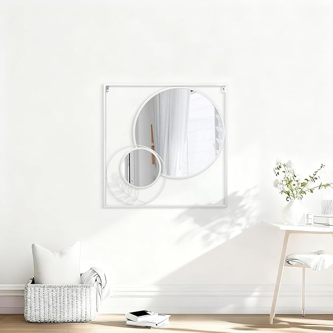 Large White Circle Wall Mirror, Square Wall Mounted Mirror Set Round Modern Art Decorative Mirrors for Living Room Bathroom 30x30 Inch Decor